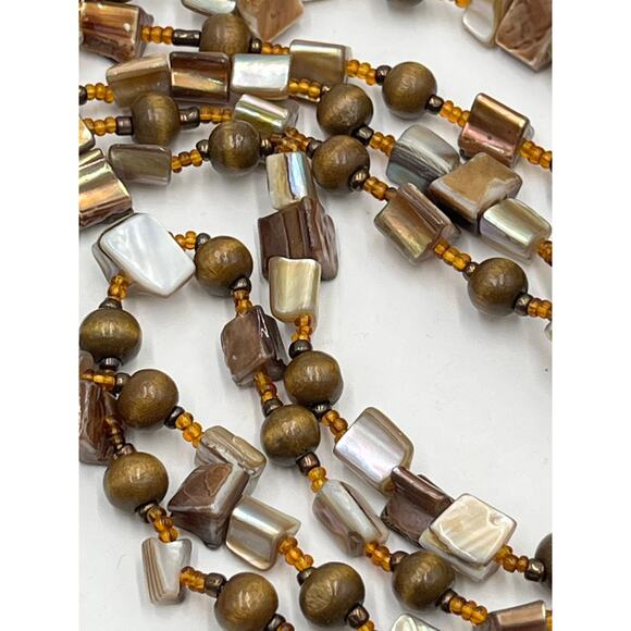 Vintage Boho Multi-Strand Wood Mother of Pearl Shell Bead Necklace Earth Tones - Picture 6 of 11